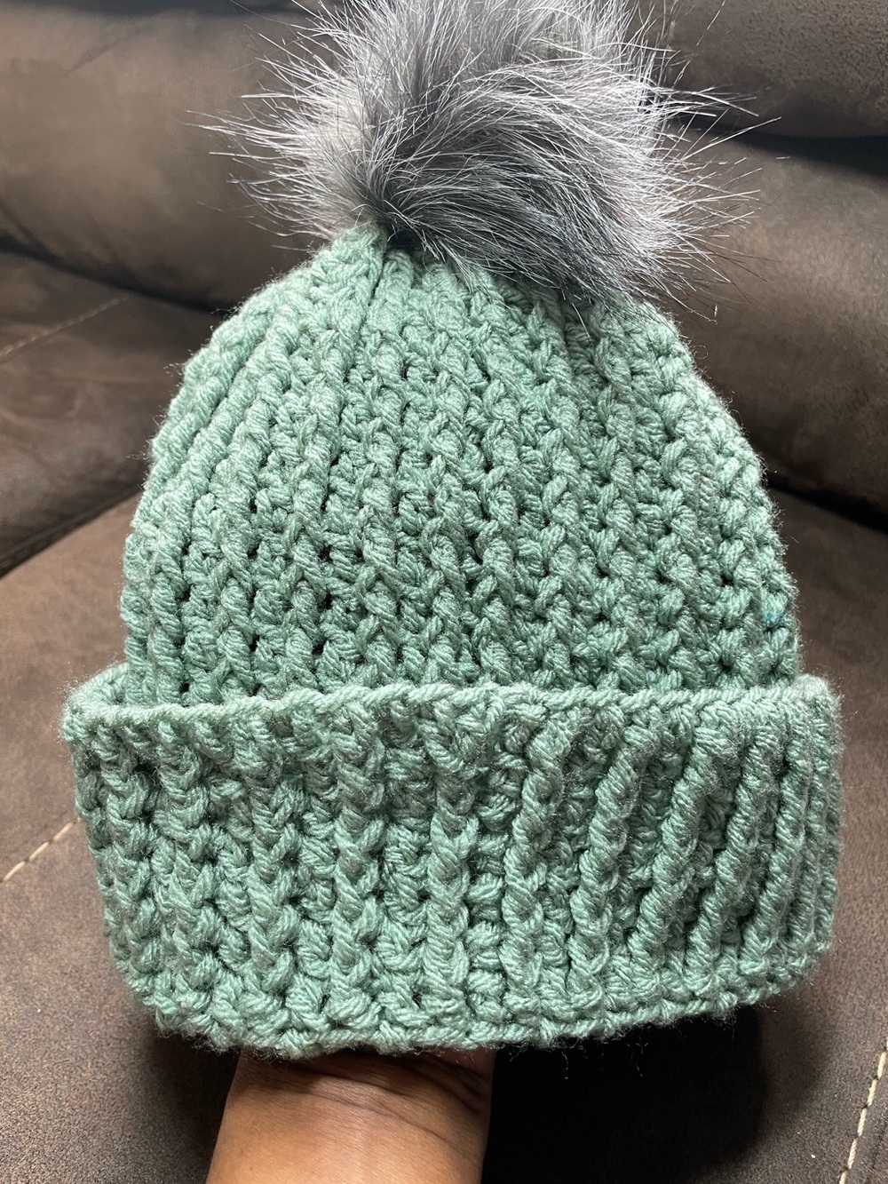 Handmade Wool Sage Green Chunky Crochet Knit Beanie Gray Faux Fur Pom Pom NWOT - Picture 2 of 6